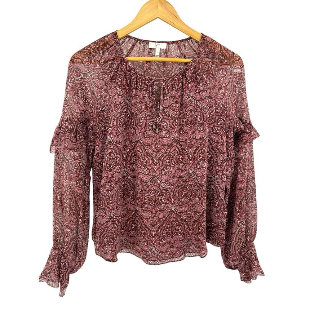 Joie Burgundy Agneta Paisley Silk Sheer Ruffle Sleeve Blouse Size XS